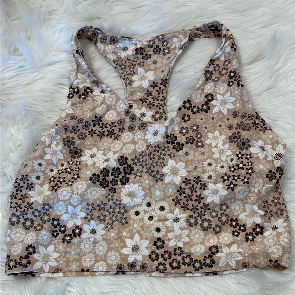 Aerie Floral Real Me Sports Bra - Brown and White
